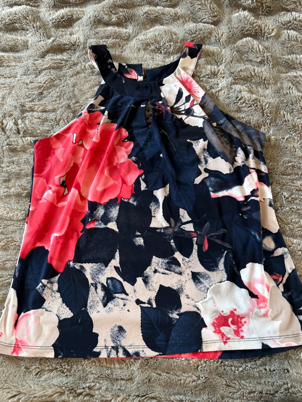 INC Navy Floral Halter Tank Top with Pink & White Blooms